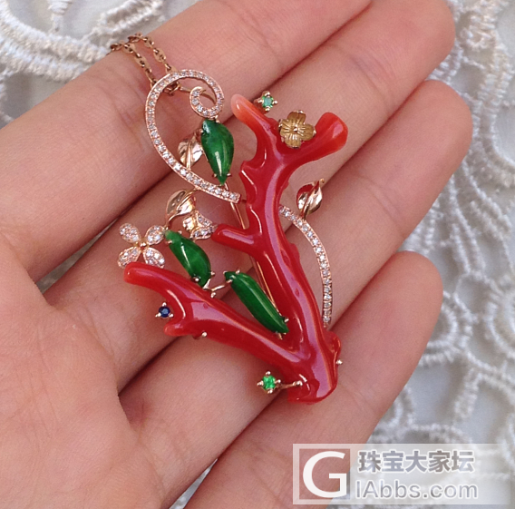 纯天然阿卡红珊瑚枝胸针吊坠两用 18k 玫瑰金钻石翡翠彩宝镶嵌